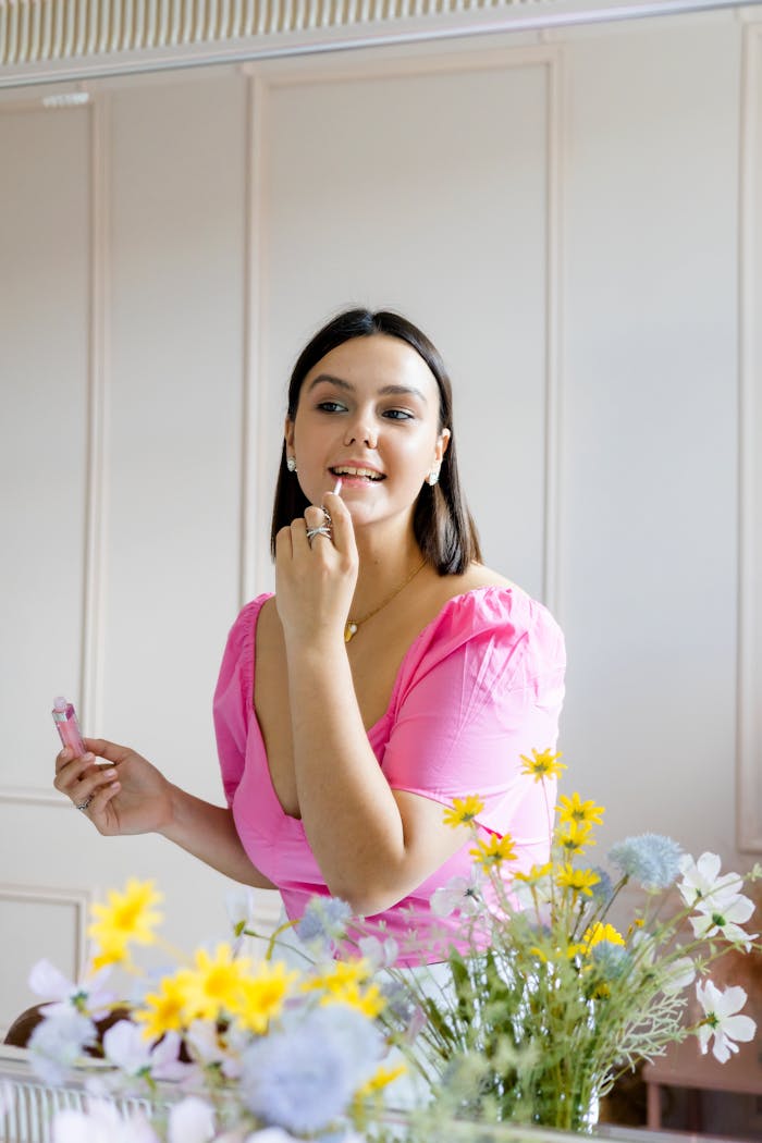 A young woman in a pink blouse applies lip gloss, surrounded by colorful flowers indoors.